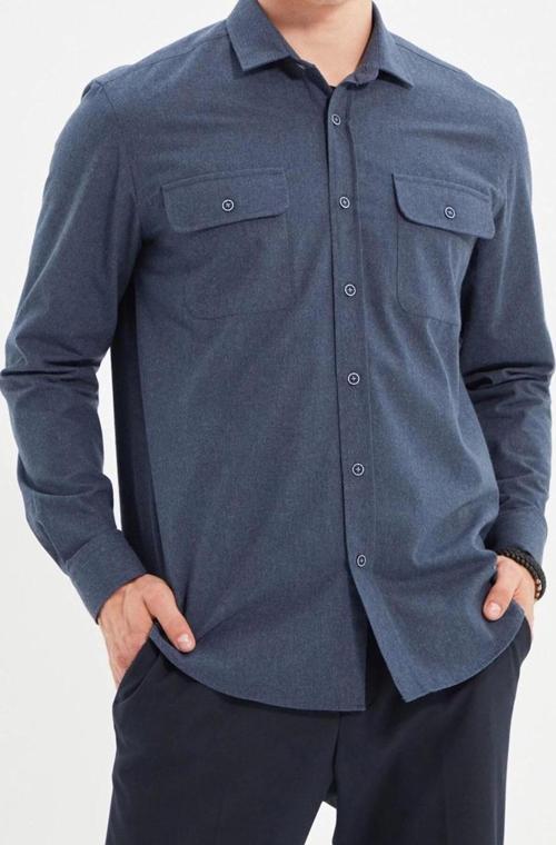 Moda Erkek Gömlek Yaka Düz Desen Günlük Regular Fit Çift Cep Kapaklı Kışlık Gömlek