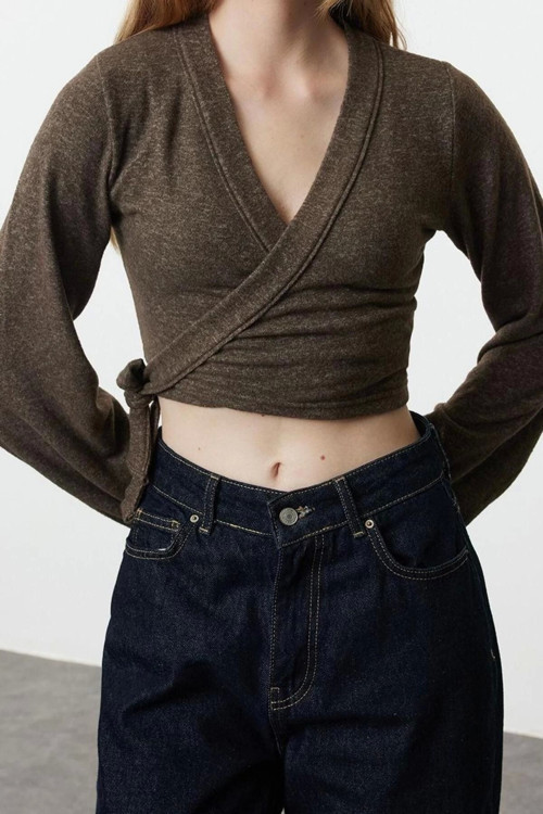 Stil Kadın Yumoş Bağlama Detaylı Kollu Bluz Regular Örme Slim Kalıp İspanyol Kol