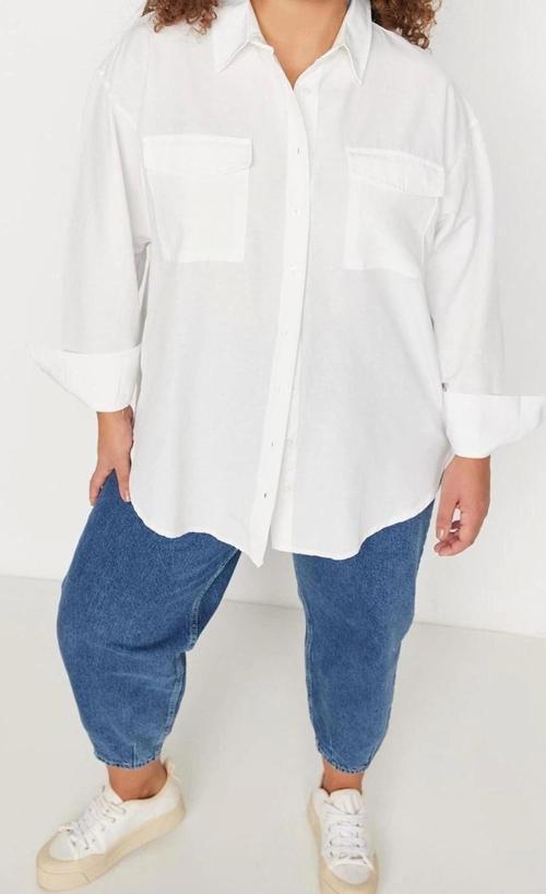 Moda Kadın Büyük Beden Gömlek Yaka Düz Desen Günlük Dokuma Cepli Poplin Gömlek