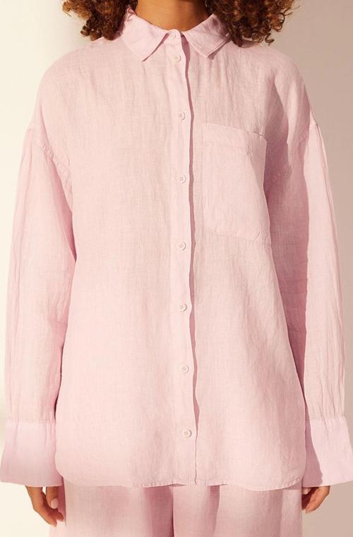 Moda Kadın Gömlek Yaka Düz Desen Günlük %100 Keten Oversize Gömlek