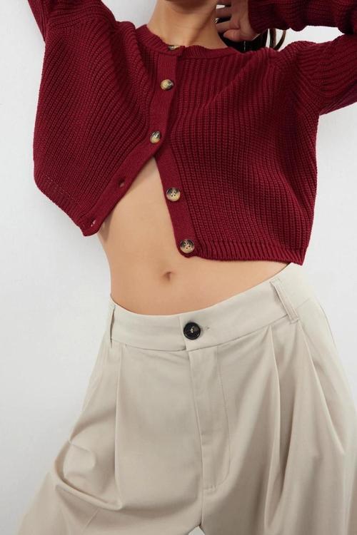 Kadın Modern Tarz Regular Bisiklet Yaka Crop Triko Hırka