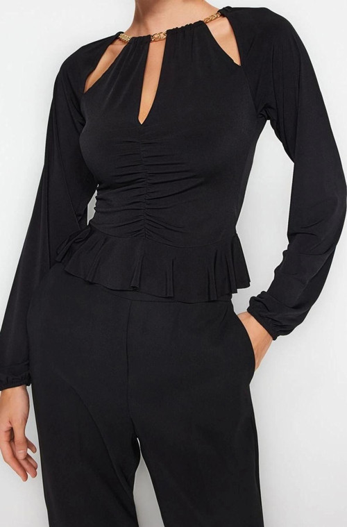 Stil Kadın Pencere Cut Out Detaylı Aksesuarlı Bluz Regular Örme Fitted Kalıp