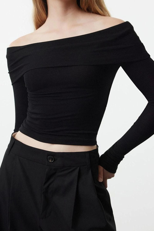 Stil Kadın Kısa Esnek Bluz Crop Örme Slim Kalıp