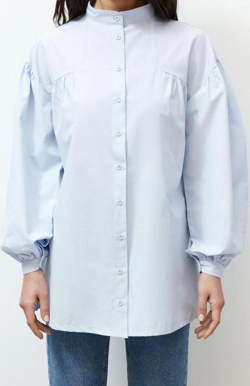 Moda Kadın Tesettür Hakim Yaka Düz Desen Günlük Büzgü Detaylı Pamuklu Basic Dokuma Gömlek
