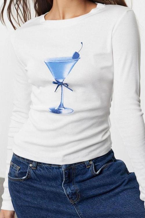 Stil Kadın Baskı ve Fiyonk Detaylı Fitted Vücuda Oturan Bluz Regular Örme Slim Kalıp