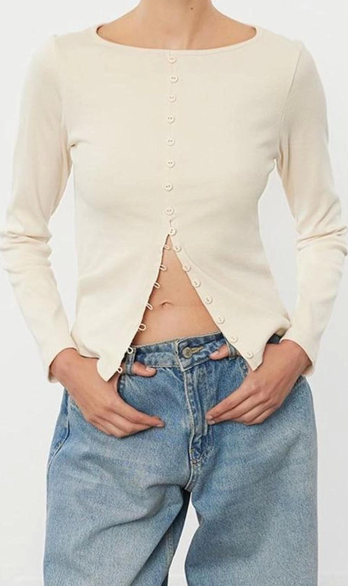 Stil Kadın Düğme Detaylı Fitilli Esnek Boy Bluz Regular Örme Fitted Kalıp