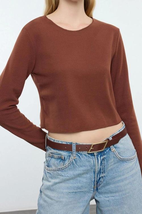 Stil Kadın Düşük Omuzlu Selanik Triko Görünümlü Bluz Crop Örme Regular Kalıp