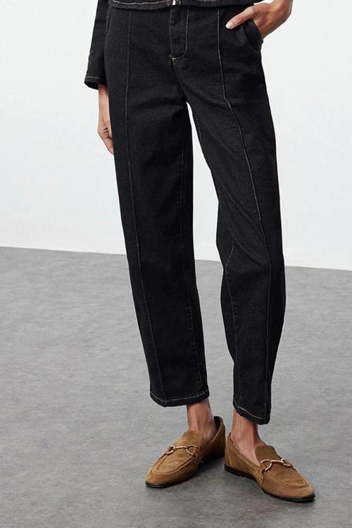 Stil Kadın Moda Denim Kot Pantolon Regular Boru Paça Nervürlü Yüksek Bel Havuç Jeans