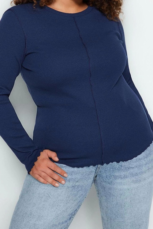 Stil Kadın Fitilli Bluz Crop Örme Fitted Kalıp Büyük Beden