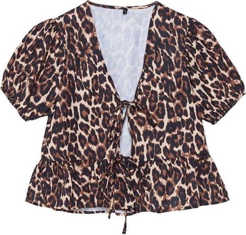 Moda Kadın V Yaka Animal Desen Günlük Leopar Desenli Bağlamalı Çif Taraflı Dokuma Gömlek