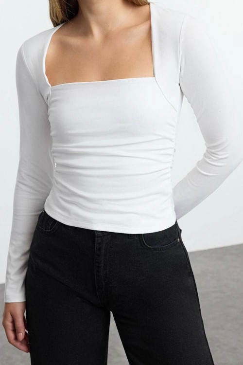 Stil Kadın Büzgü Drape Detaylı Vücuda Oturan Bluz Regular Örme Slim Kalıp