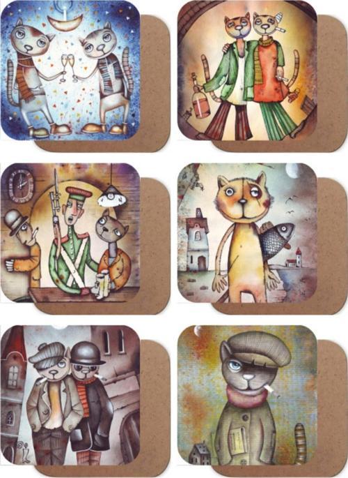 Ayyaş Kediler Illustrasyon 6lı Ahşap Bardak Altlığı Seti