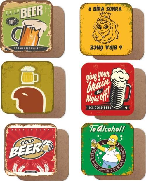Bira Temalı 6lı Retro Ahşap Bardak Altlığı Seti