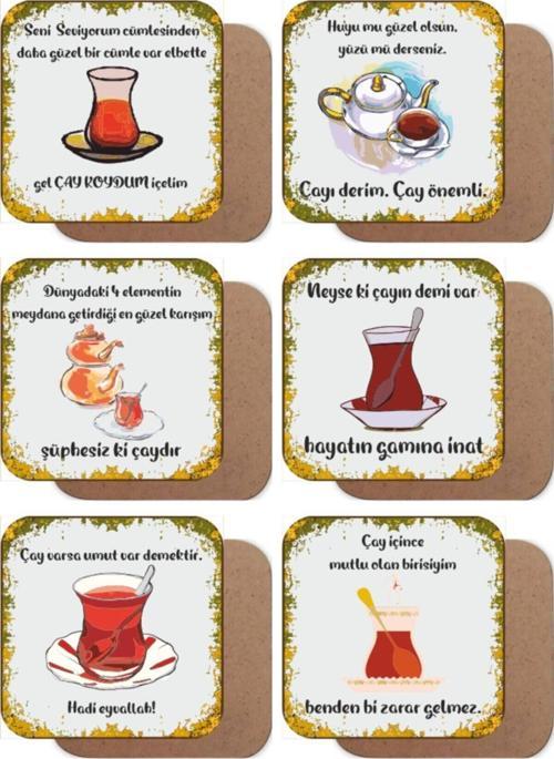 Çayla Ilgili Güzel Sözler Temalı 6lı Ahşap Bardak Altlığı Seti
