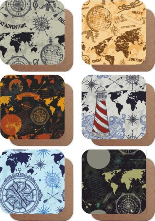 Dünya Haritası Atlas Temalı 6lı Retro Ahşap Bardak Altlığı Seti