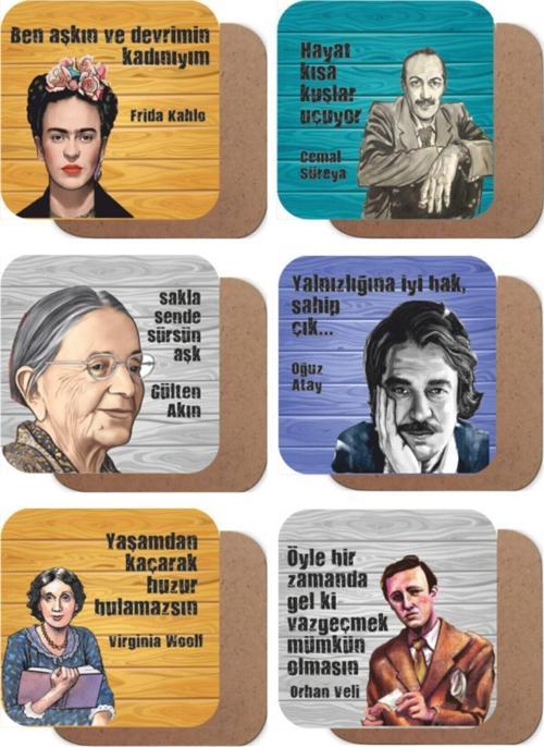 Orhan Veli, Cemal Süreya, V. Woolf, Oğuz Atay, G. Akın 6lı Ahşap Bardak Altlığı Seti