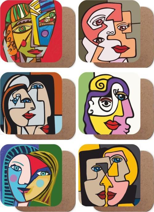 Picasso Tarz Modern 6lı Ahşap Bardak Altlığı Seti