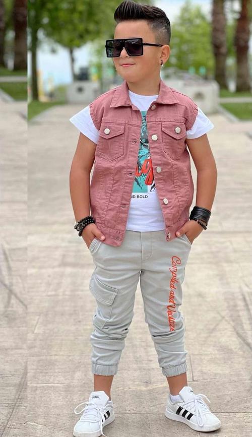 Erkek Çocuk Kaplan Detaylı T-shirt Sırt Baskılı Kolsuz Pudra Jean Ceket Kargo Cepli Alt Üst Takım