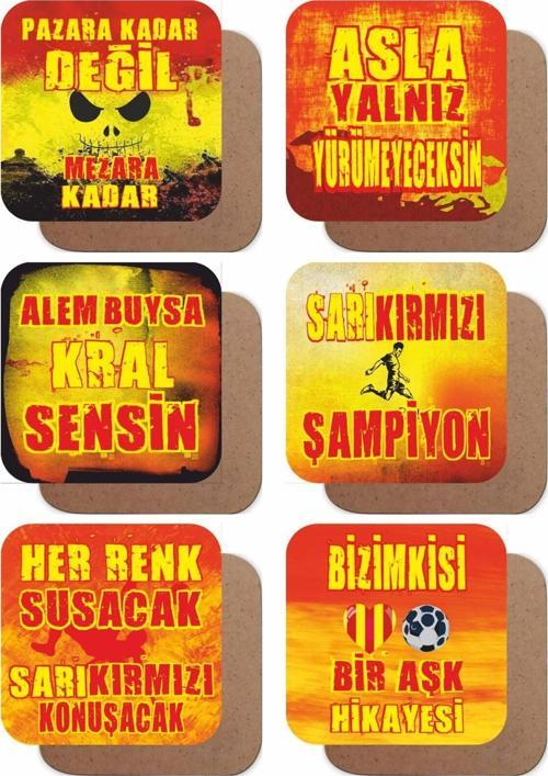 Sarı Kırmızı Futbol Takım Taraftar 6lı Ahşap Bardak Altlığı Seti Mutfak Dekorasyon