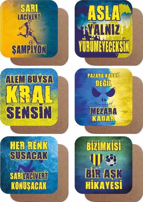 Sarı Lacivert Futbol Takım Taraftar 6lı Ahşap Bardak Altlığı Seti Mutfak Dekorasyon