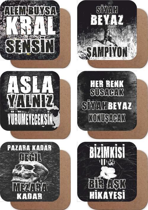 Siyah Beyaz Futbol Takım Taraftar 6lı Ahşap Bardak Altlığı Seti Mutfak Dekorasyon