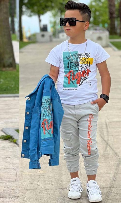 Erkek Çocuk Kaplan Detaylı T-shirt Sırt Baskılı Mavi Jean Ceket Kargo Cepli Alt Üst Takım