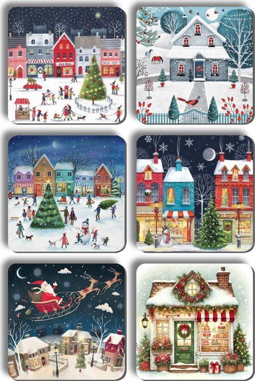 Yeni Yıl Noel Yılbaşı Ahşap Bardak Altlığı Noel Baba Kardan Adam Kış Manzaraları - 6 Adet