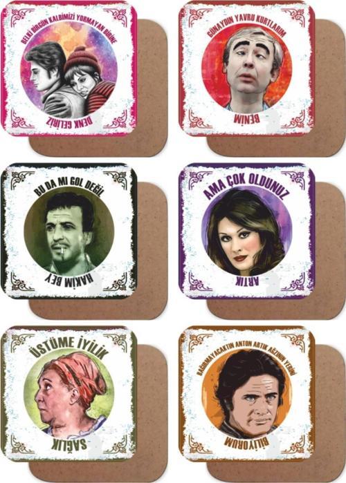 Yeşilçam Türk Sineması Replikleri -1. Set 6lı Retro Ahşap Bardak Altlığı Seti