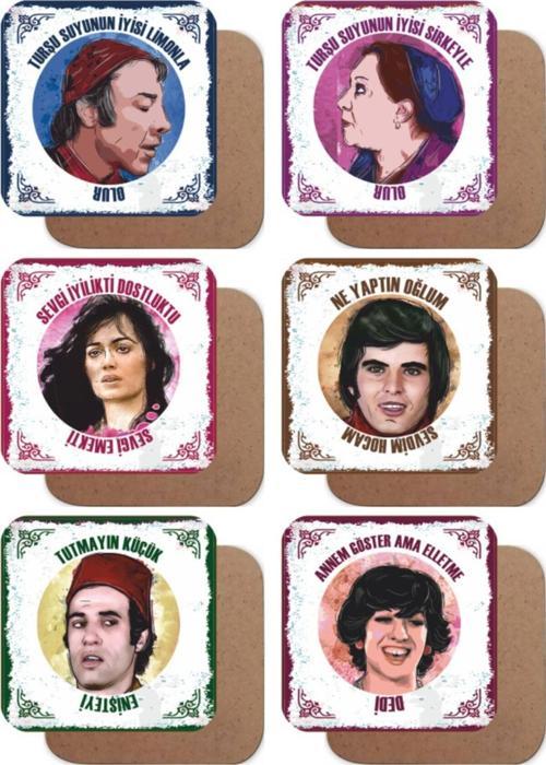 Yeşilçam Türk Sineması Replikleri -2- Set 6lı Retro Ahşap Bardak Altlığı Seti