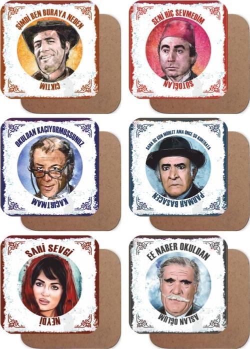 Yeşilçam Türk Sineması Replikleri 3 Set 6lı Retro Ahşap Bardak Altlığı Seti