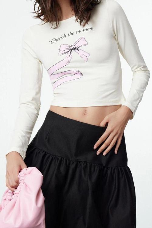 Stil Kadın Vücuda Oturan Baskılı Kısa Bluz Crop Örme Slim Kalıp