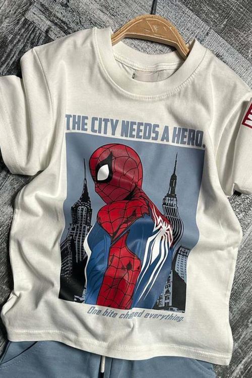 Erkek Çocuk Örümcek Adam Karakter ve Yazı Baskılı T-shirt İp Detaylı Mavi Şortlu Takım