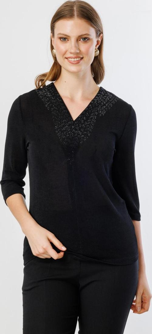 Kadın Büyük Beden Yakası Taşlı Yarım Kollu Bluz 3918 Siyah