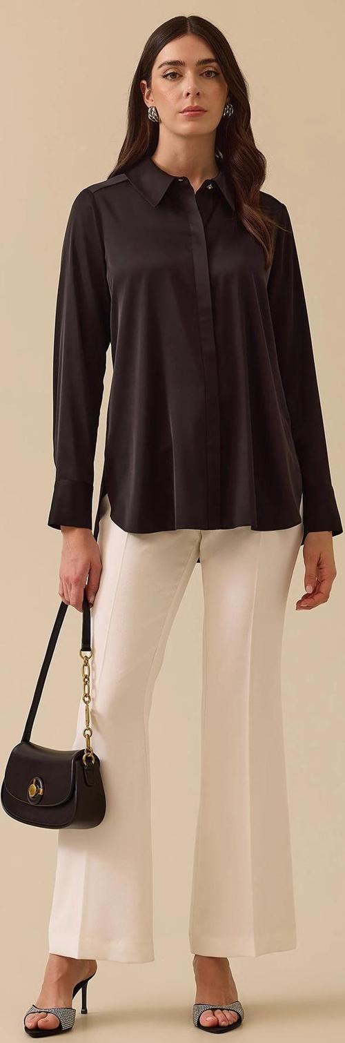 Kadın Gizli Düğmeli Saten Gömlek 0038 Siyah