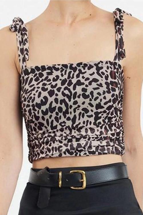 Stil Kadın Animal Leopar Desenli Bağlama Detaylı Esnek Bluz Crop Örme Slim Kalıp