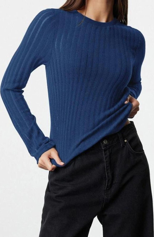 Stil Kadın Transparan Triko Görünümlü Kumaş Boy Bluz Regular Örme Regular Kalıp