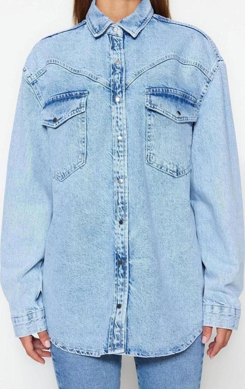 Moda Kadın Gömlek Yaka Düz Desen Günlük Denim Gömlek