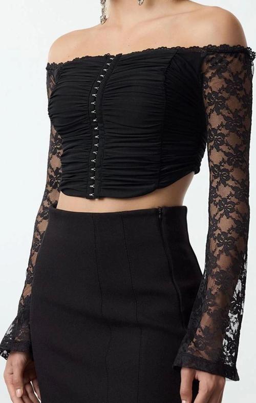 Stil Kadın Agraflı Dantel Bluz Crop Örme Fitted Kalıp