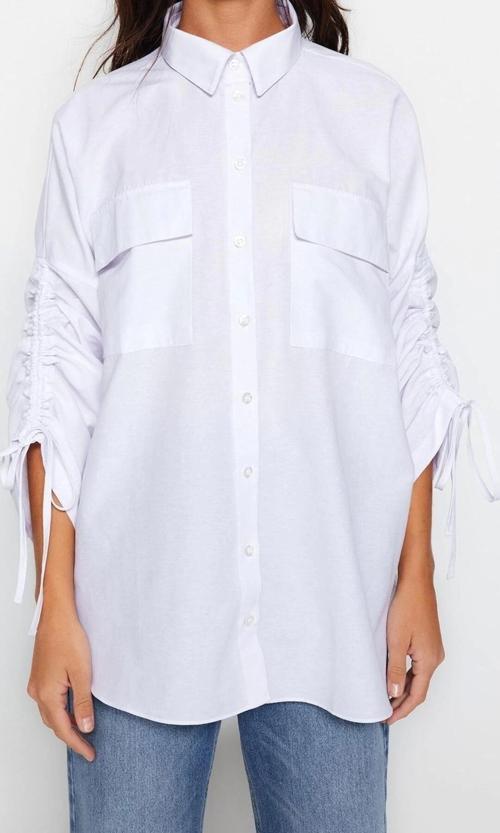 Moda Kadın Tesettür Gömlek Yaka Günlük Kolları Ayarlanabilir Büzgü Detaylı Dokuma Pamuklu Gömlek