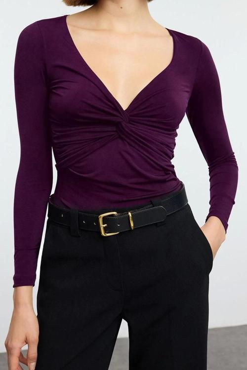 Stil Kadın Büzgü Drape Detaylı Fitted Vücuda Oturan Kollu Esnek Bluz Crop Örme Slim Kalıp