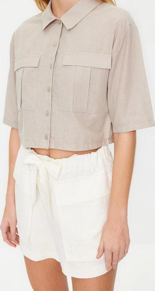 Moda Kadın Gömlek Yaka Düz Desen Günlük Utility Cep Detaylı Crop Regular Normal Kalıp Dokuma Gömlek