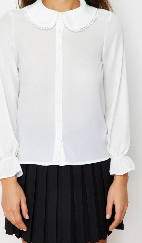 Moda Kadın Bebe Yaka Düz Desen Resmi Bebe Yaka Ponpon Detaylı Regular Normal Kalıp Dokuma Gömlek