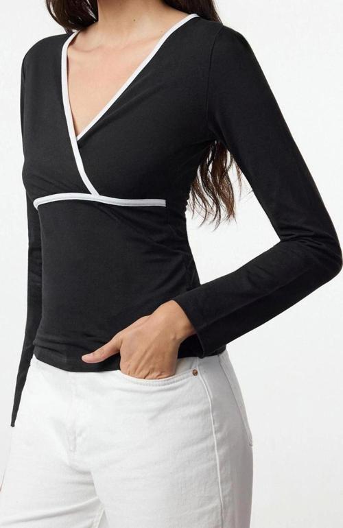 Stil Kadın Biye Detaylı Fitted Vücuda Oturan Bluz Regular Örme Slim Kalıp Reglan Kol