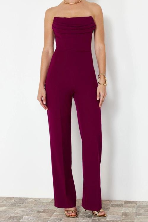 Kadın Moda Standart Kol Geniş Paça Straplez Düz Desen Regular Korse Detaylı Dokuma Tulum