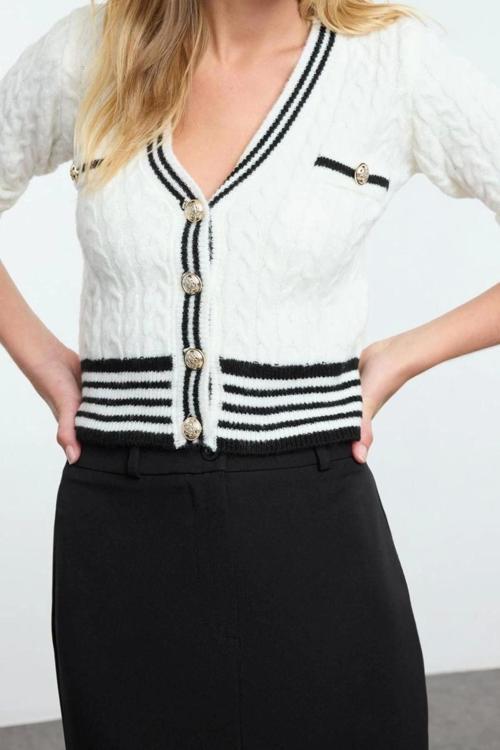 Kadın Modern Tarz Slim V Yaka Crop Triko Hırka
