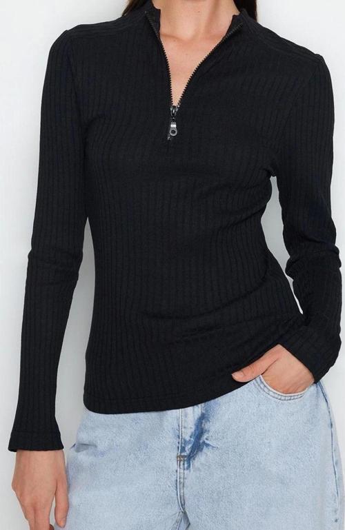 Stil Kadın Fitted Vücuda Oturan Fitilli Esnek Bluz Regular Örme Regular Kalıp