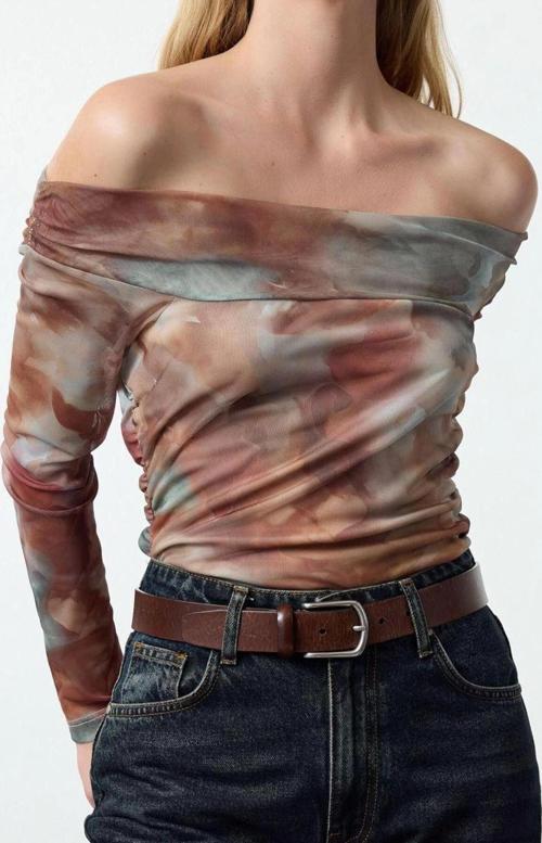 Stil Kadın Baskılı Tül Fitted Vücuda Oturan Esnek Bluz Regular Örme Slim Kalıp Düşük Kol