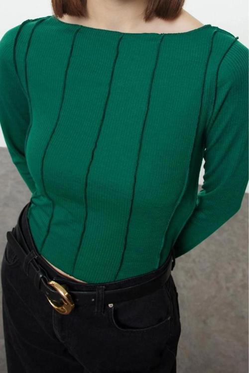 Stil Kadın Dikiş Detaylı Carmen Yaka Fitted Vücuda Oturan Fitilli Bluz Regular Slim Kalıp Düşük Kol