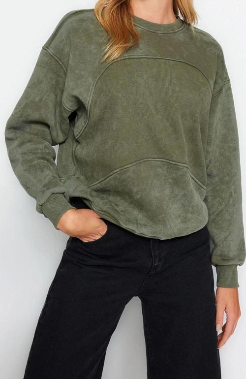 Regular Bisiklet Yaka Düşük Kol Regular Eskitme Kalın İçi Polarlı Geniş Kalıp Örme Sweatshirt