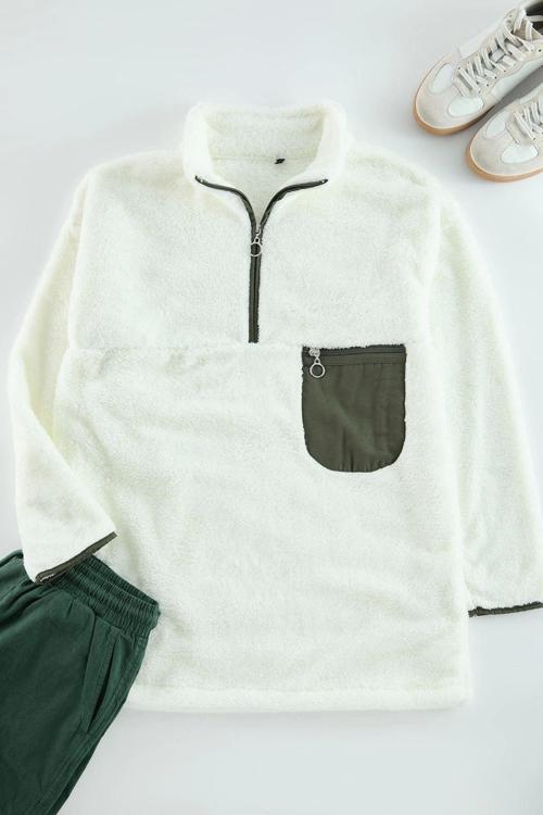 Tesettür Tarz Relaxed Dik Yaka Standart Kol Uzun Fermuar Yaka Cep Detaylı Peluş Sweatshirt